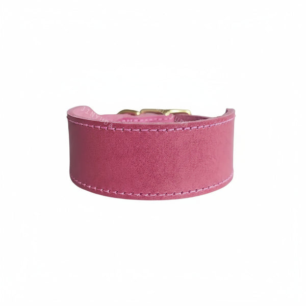 collier large pour chien en cuir suede rose velours avec boucle doree or et couture decorative Oscar et Plume