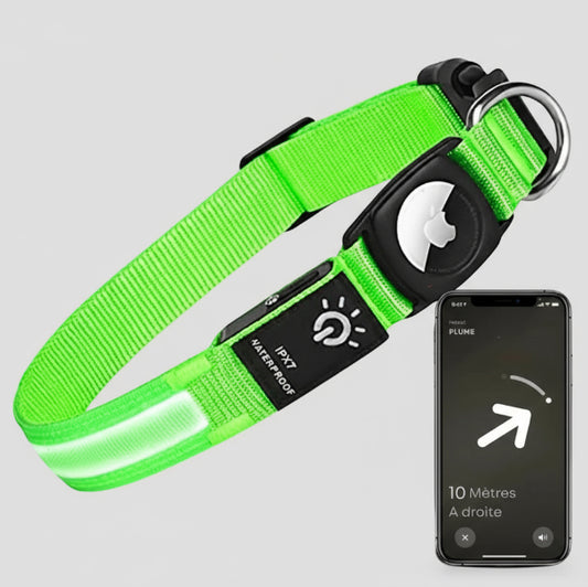 Collier led chien avec airtag vert fluo résistant à l'eau avec application mobile Oscar et Plume