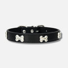 Collier os pour chien en cuir noir orné de décorations os en métal argenté par Oscar et Plume