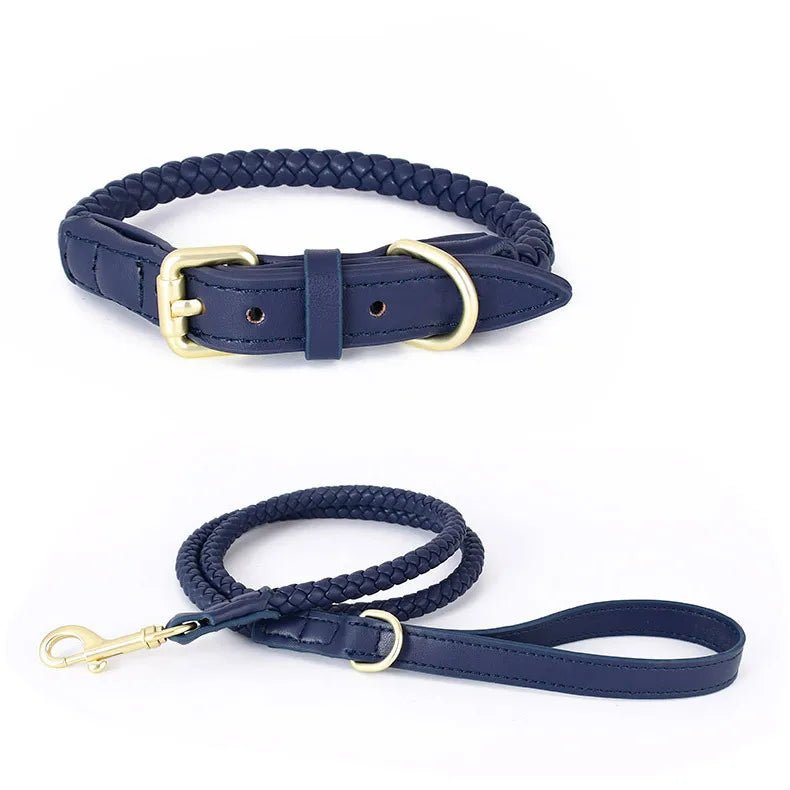 Collier ou collier + laisse tressé en cuir durable pour chien Oscar et Plume Laisse + collier Bleu / S