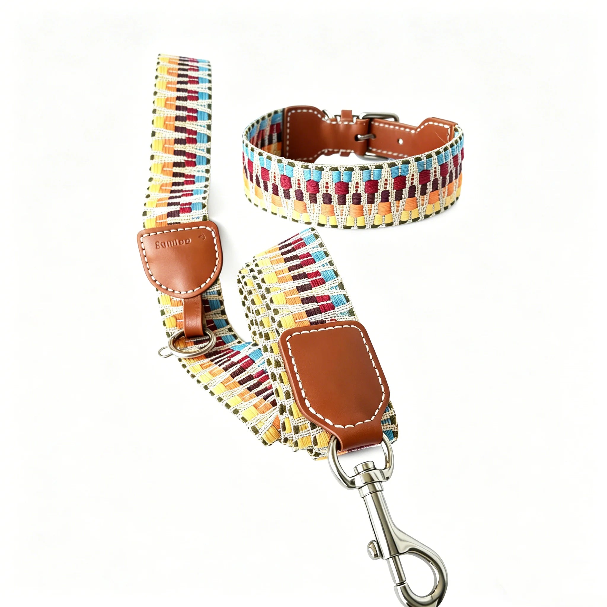 Collier pour chien multicolore avec une laisse assortie en cuir pour promenades stylées