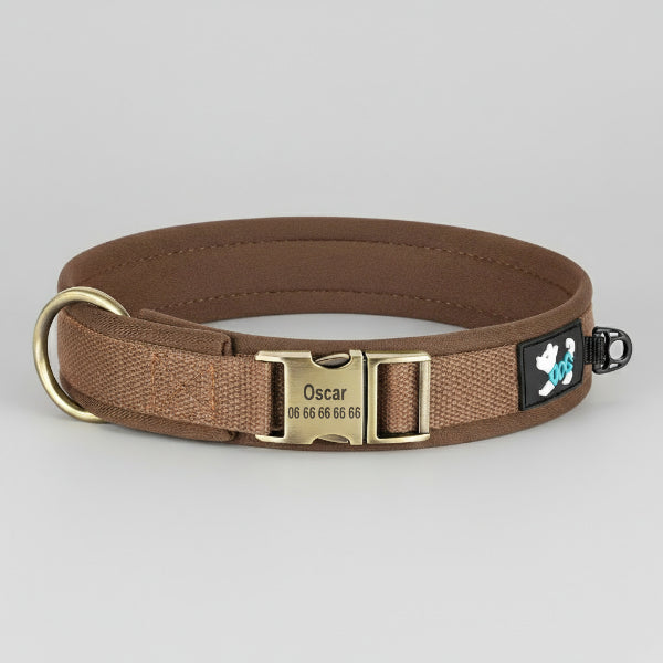 collier pour chien personnalisable en nylon brun avec plaque gravée et numéro de téléphone anneau métallique solide