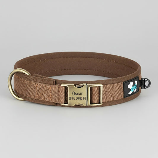 collier pour chien personnalisable en nylon brun avec plaque gravée et numéro de téléphone anneau métallique solide