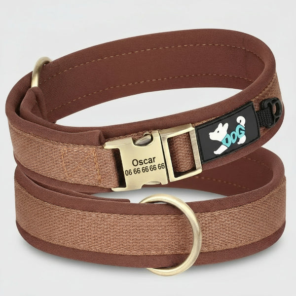 Collier pour chien personnalisable Oscar et Plume en nylon rembourré marron avec boucle gravée prénom et numéro