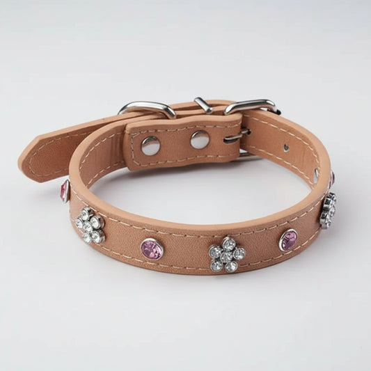 Collier simili cuir petit chien décoré de strass et de fleurs, élégant et confortable pour les petits animaux