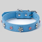 Collier simili cuir petit chien bleu orné de fleurs et de strass brillants