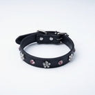 Collier simili cuir petit chien noir décoré de strass brillants et roses