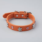 Collier simili cuir petit chien orné de fleurs et de cristaux en rose et transparent