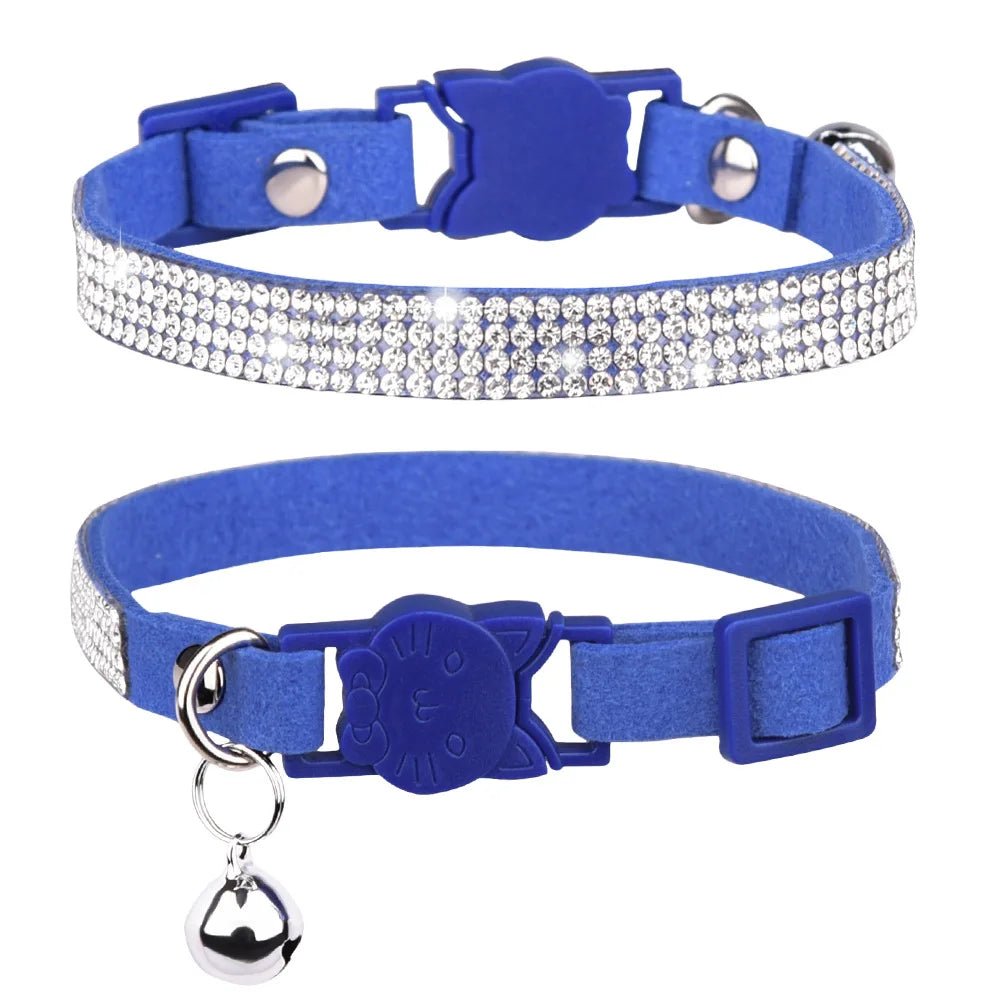 Collier strass et clochette en daim durable pour chat Oscar et Plume Bleu - 4 rangées / XS