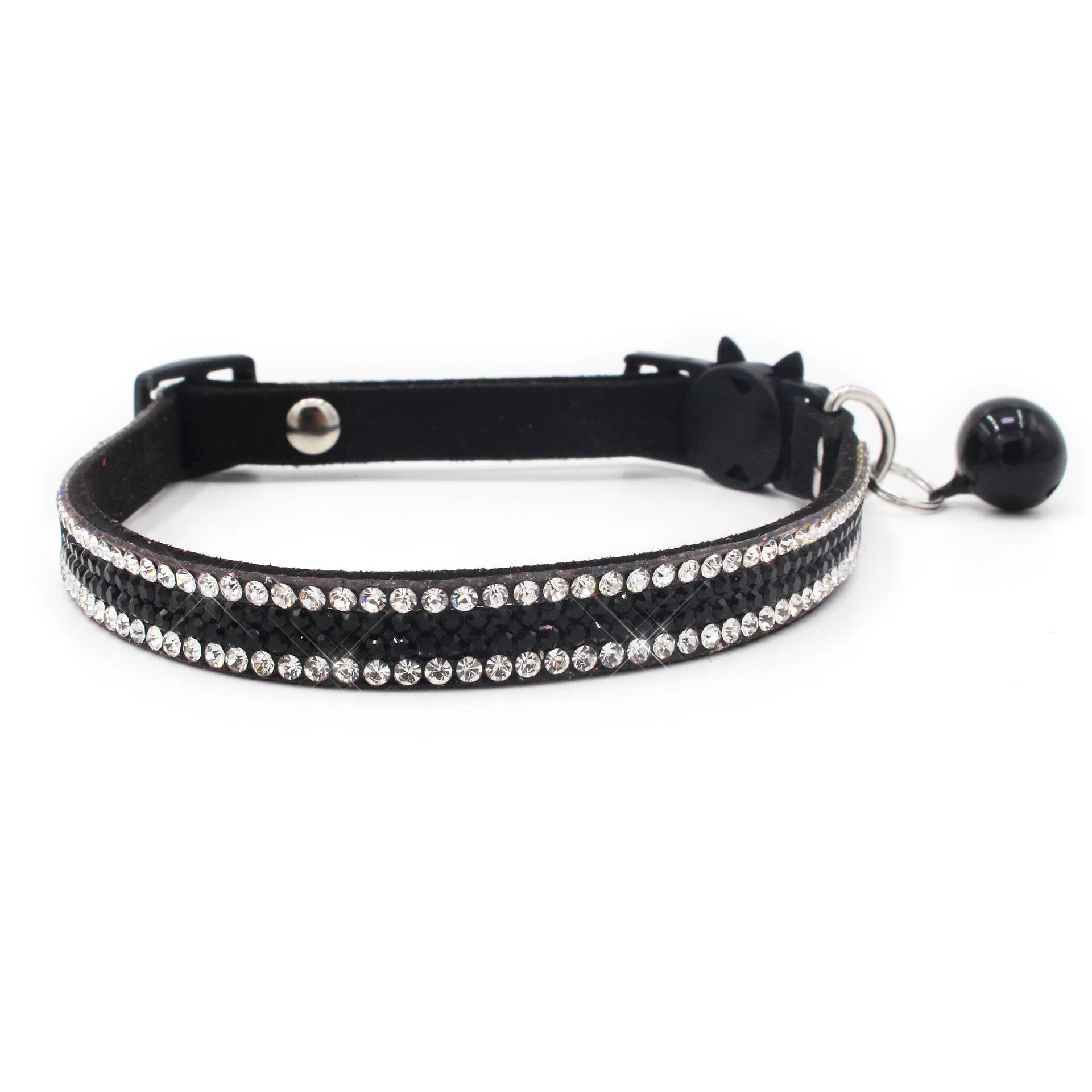 Collier strass et clochette en daim durable pour chat Oscar et Plume Noir - 2 rangées / XS