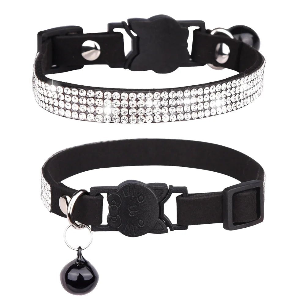 Collier strass et clochette en daim durable pour chat Oscar et Plume Noir - 4 rangées / XS