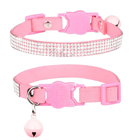 Collier strass et clochette en daim durable pour chat Oscar et Plume Rose - 4 rangées / XS