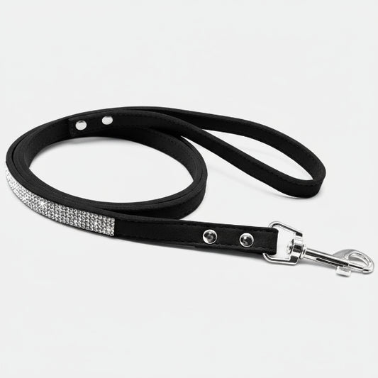 Laisse noire avec strass pour chien, idéale pour une promenade élégante et confortable