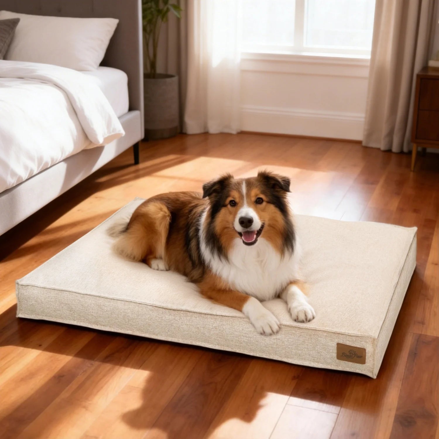 Coussin pour chien confortable d'Oscar et Plume avec un chien heureux allongé dessus