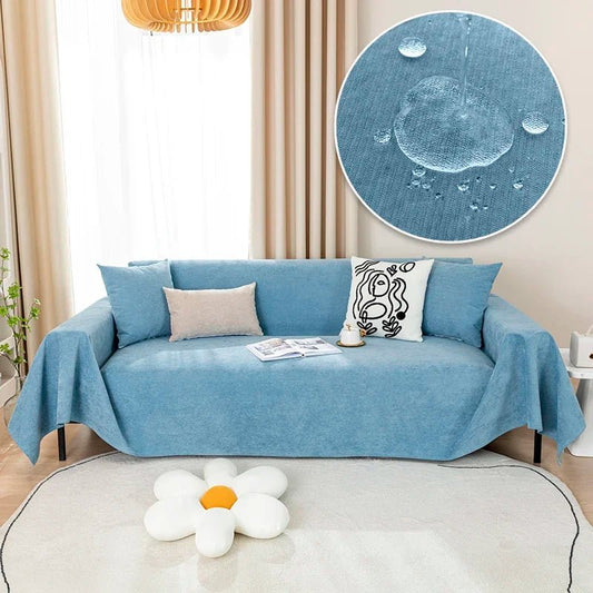 Couverture de protection imperméable canapé bleue couvrant un canapé avec gros plan sur tissu résistant à l'eau