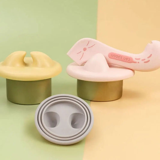 Cuillère design pour chien et chat en silicone rose avec supports et couvercles colorés Oscar et Plume