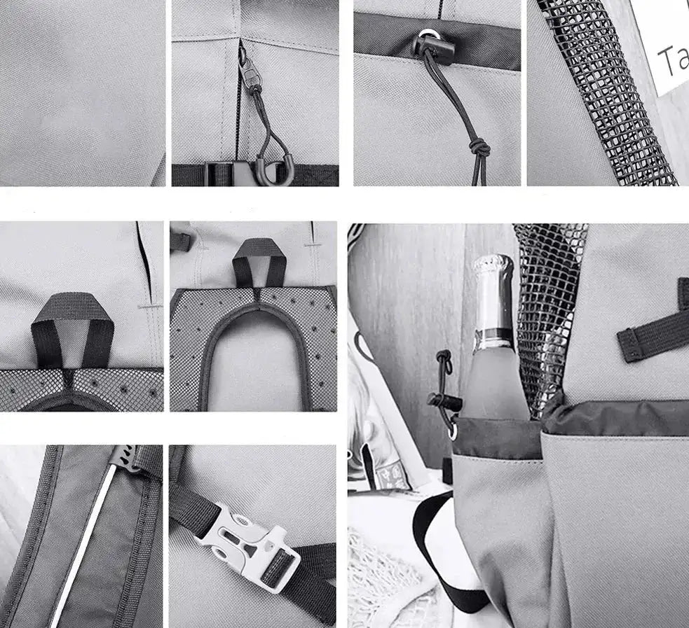 Détails du sac à dos pour chien Oscar et Plume montrant les matériaux, sangles et poches pratiques