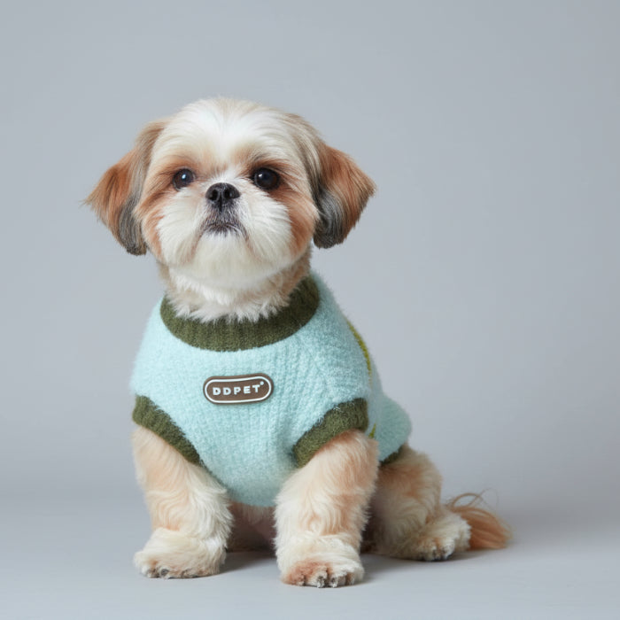 Pull doux pour chien en bleu avec des manches vertes, parfait pour garder votre animal au chaud