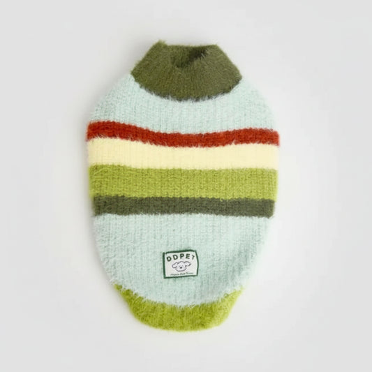 Pull doux pour chien en tricot aux rayures vertes et bleu clair de la marque Oscar et Plume