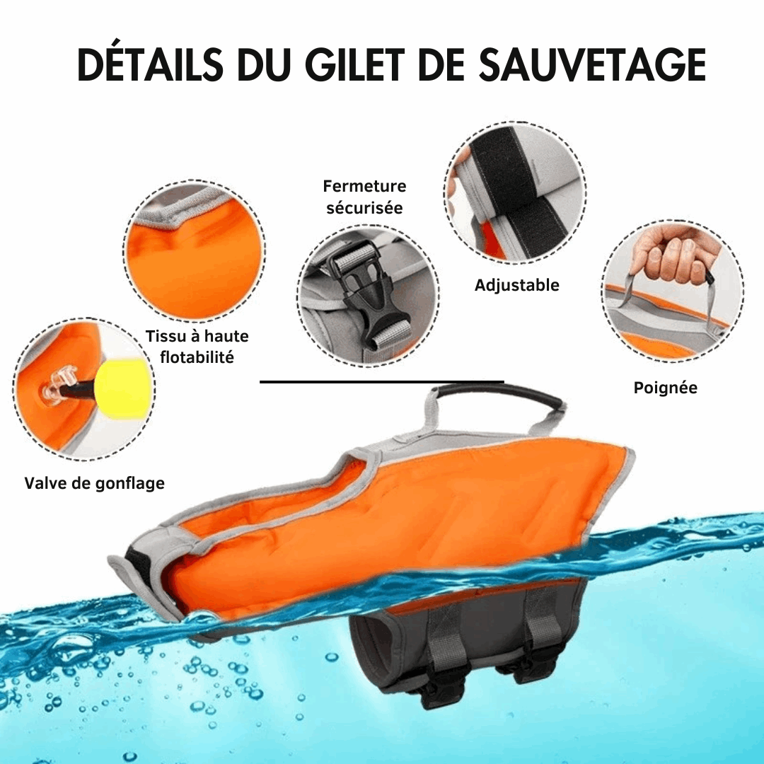 Gilet de sauvetage pour chien orange avec tissu flottant, valve de gonflage, fermeture sécurisée et poignée