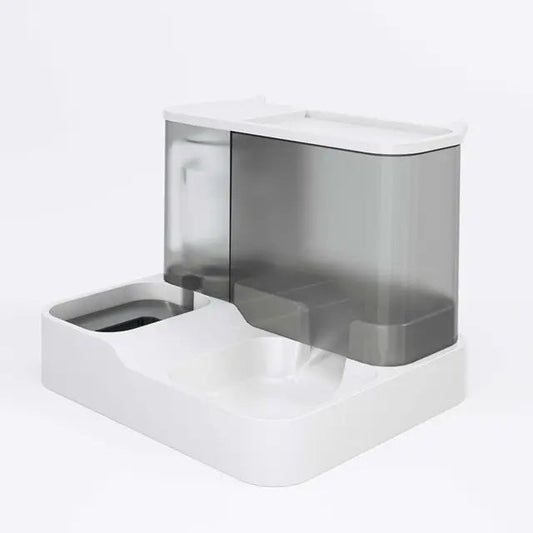 Distributeur croquettes et eau pour chat Oscar et Plume design moderne en blanc et gris
