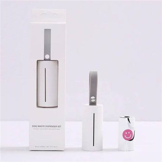 Distributeur de sacs à crottes blanc avec accroche grise et rouleau de sacs à crottes smiley rose