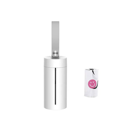 Distributeur de sacs à crottes blanc avec poignée et rouleau de sacs avec smiley rose