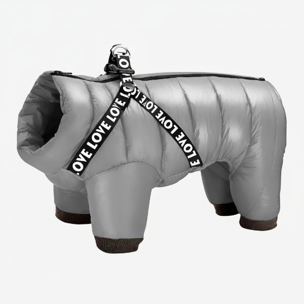 doudoune imperméable pour chien gris matelassé quatre pattes ouverture pour harnais et poignée Oscar et Plume