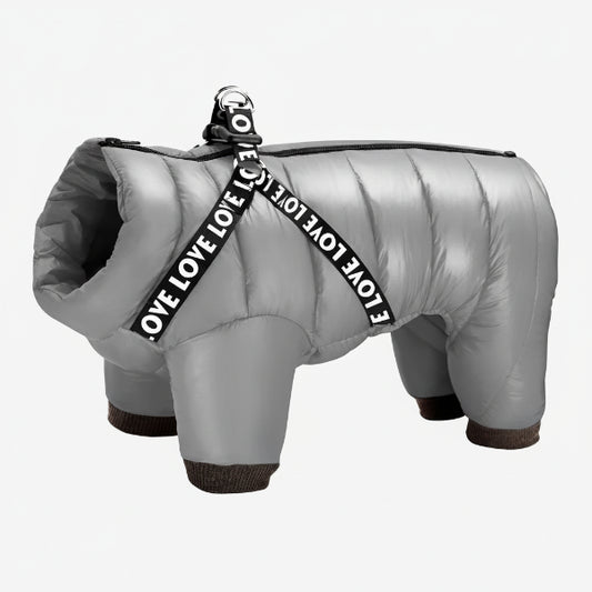 doudoune imperméable pour chien gris matelassé quatre pattes ouverture pour harnais et poignée Oscar et Plume