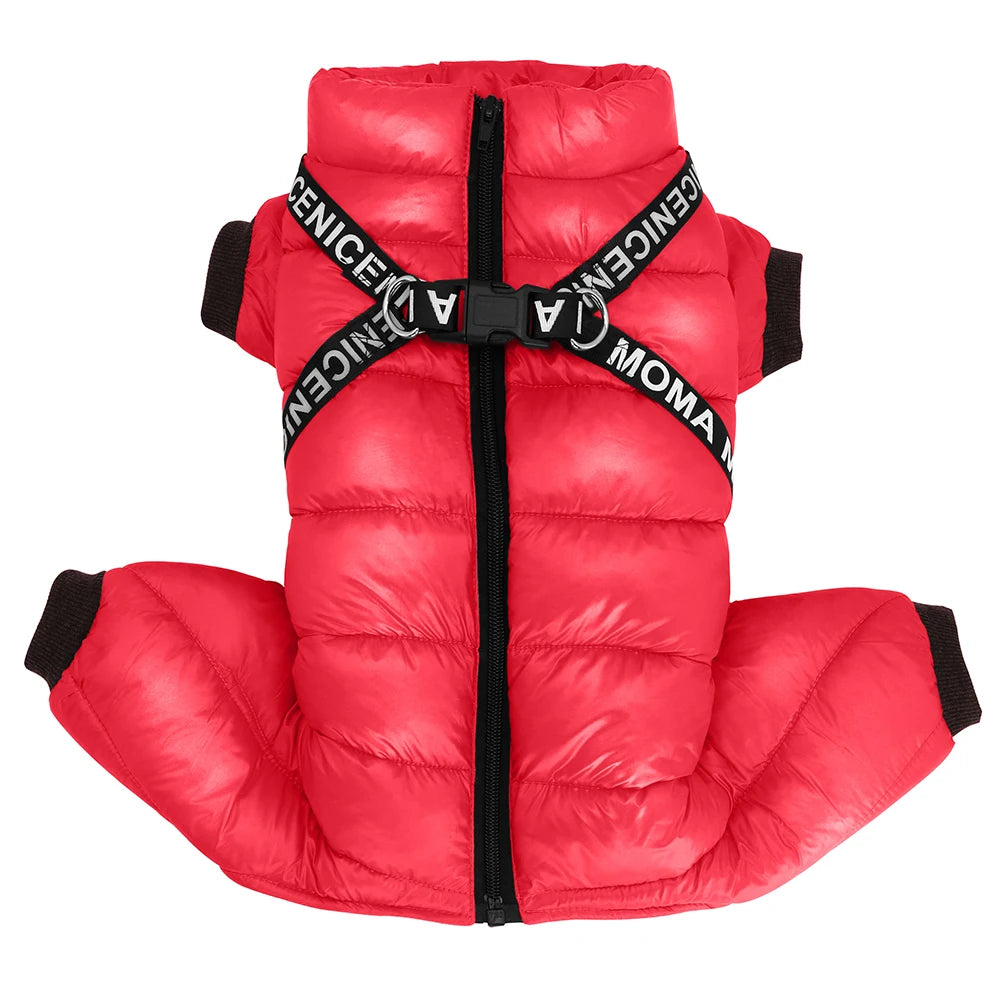 doudoune imperméable pour chien rouge matelassée Oscar et Plume avec fermeture zippée et harnais intégré