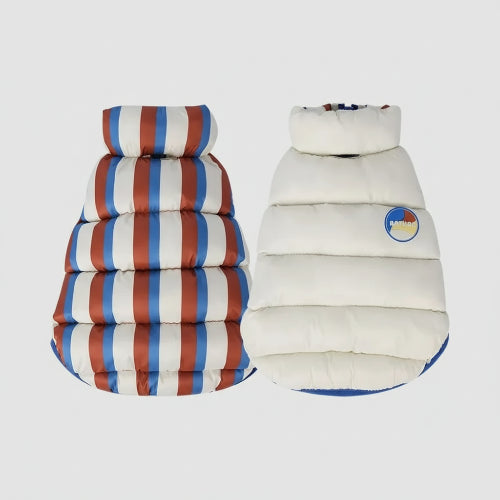 Doudoune pour teckel hiver rayée en blanc, rouge et bleu, idéale pour garder votre chien au chaud