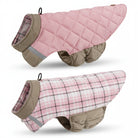 Doudoune réversible pour chien en rose et beige avec motifs à carreaux et protection pour les pattes