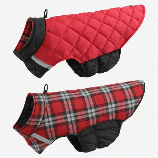 Doudoune réversible pour chien en rouge et à carreaux avec doublure noire pour un confort optimal