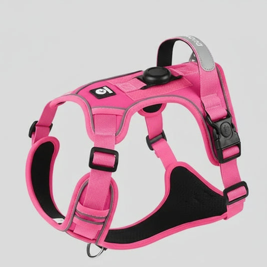 Harnais chien AirTag rose de Oscar et Plume avec bandes réfléchissantes et réglable pour sécurité