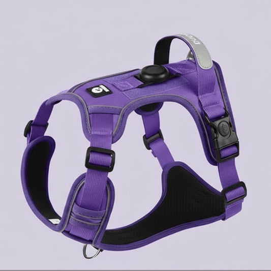 Harnais chien AirTag violet robuste avec réglages et boucles sécurisées par Oscar et Plume