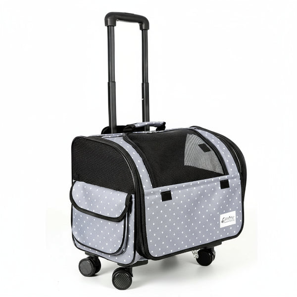 Valise à roulettes de voyage pour chien chat grise à pois avec poignée télescopique et fenêtre en filet