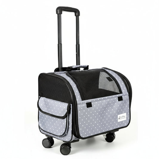 Valise à roulettes de voyage pour chien chat grise à pois avec poignée télescopique et fenêtre en filet
