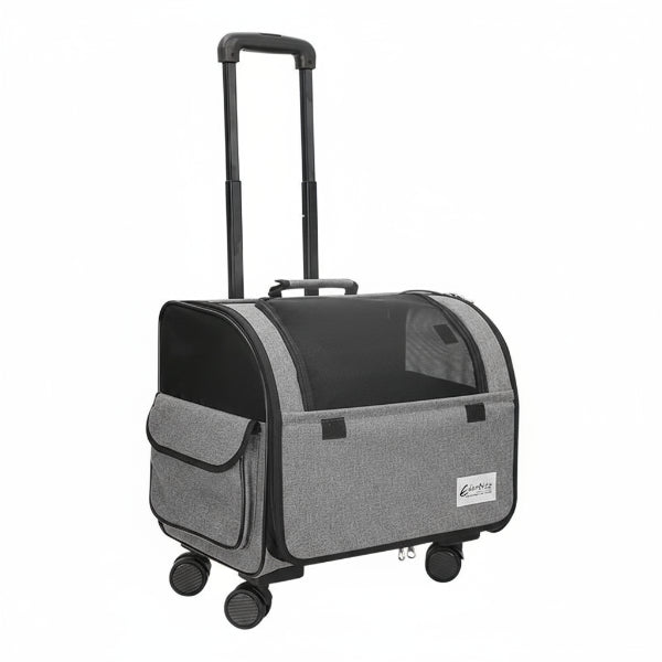 Valise à roulettes de voyage pour chien chat grise avec fenêtre transparente et poignée télescopique