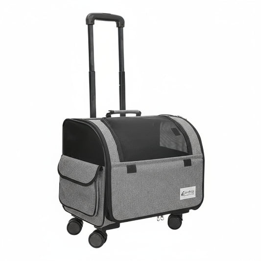 Valise à roulettes de voyage pour chien chat grise avec fenêtre transparente et poignée télescopique