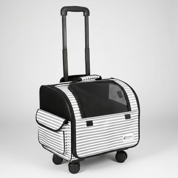 Valise à roulettes de voyage pour chien chat Oscar et Plume rayée grise et blanche avec poignée télescopique