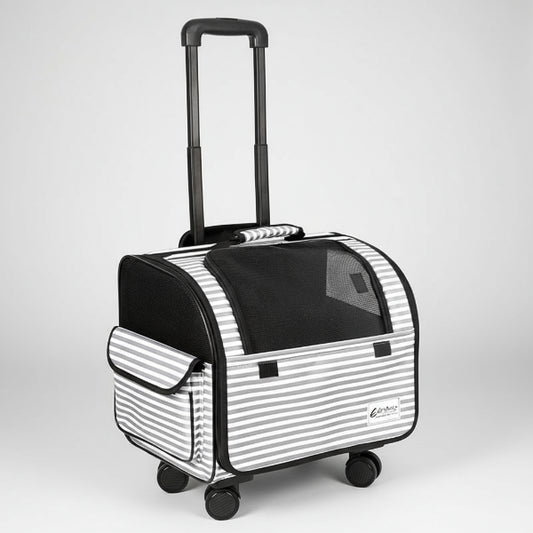 Valise à roulettes de voyage pour chien chat Oscar et Plume rayée grise et blanche avec poignée télescopique