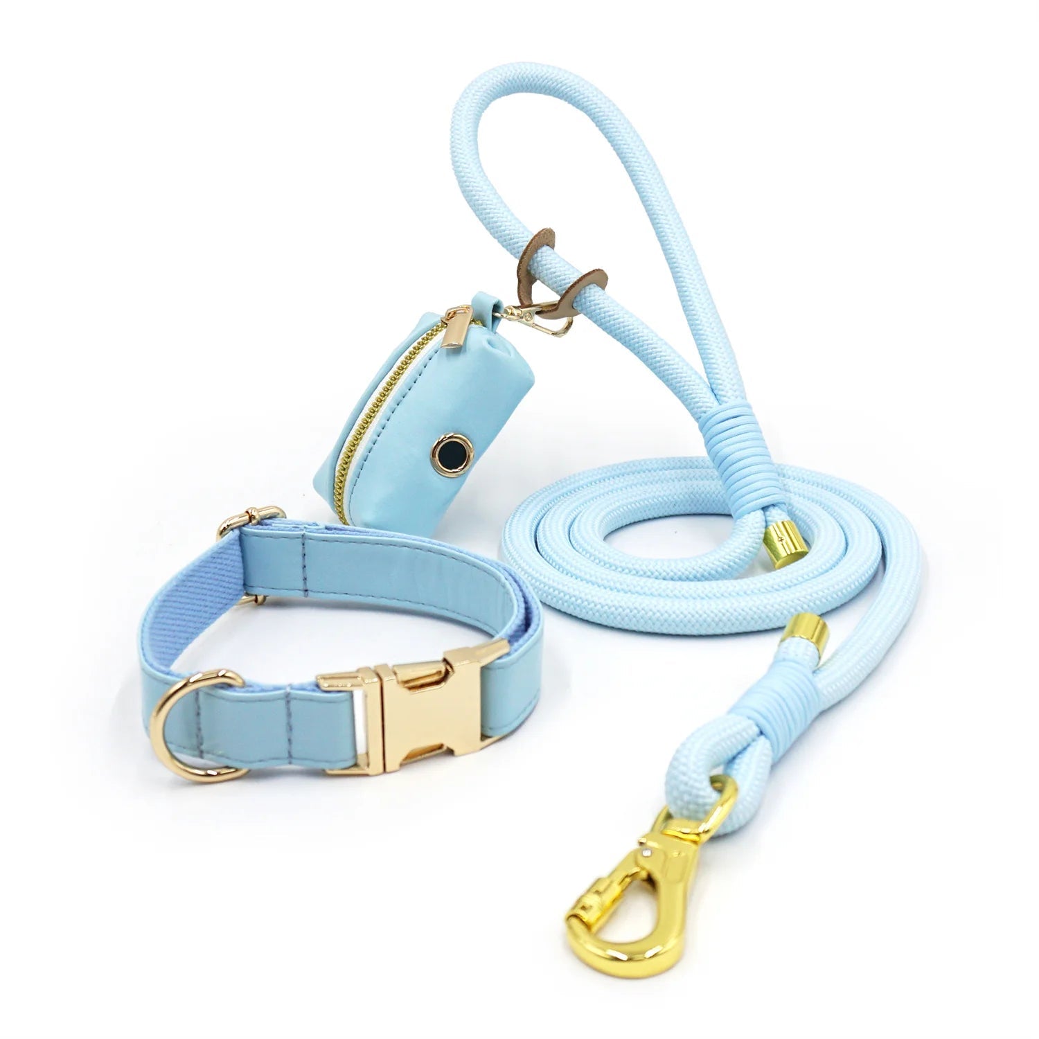 Ensemble Collier en cuir durable personnalisable, laisse et distributeur de sac pour chien - Oscar et Plume