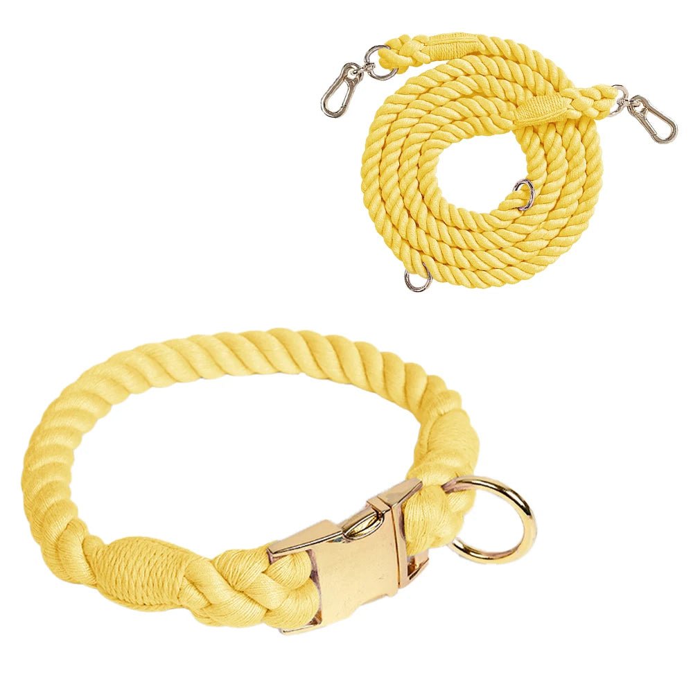 Ensemble collier et laisse en coton torsadé attache rapide Oscar et Plume Jaune / S