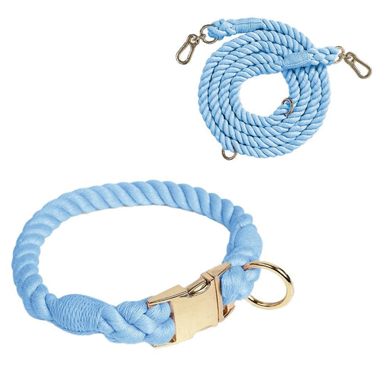 Ensemble collier et laisse en coton torsadé attache rapide Oscar et Plume Bleu ciel / S