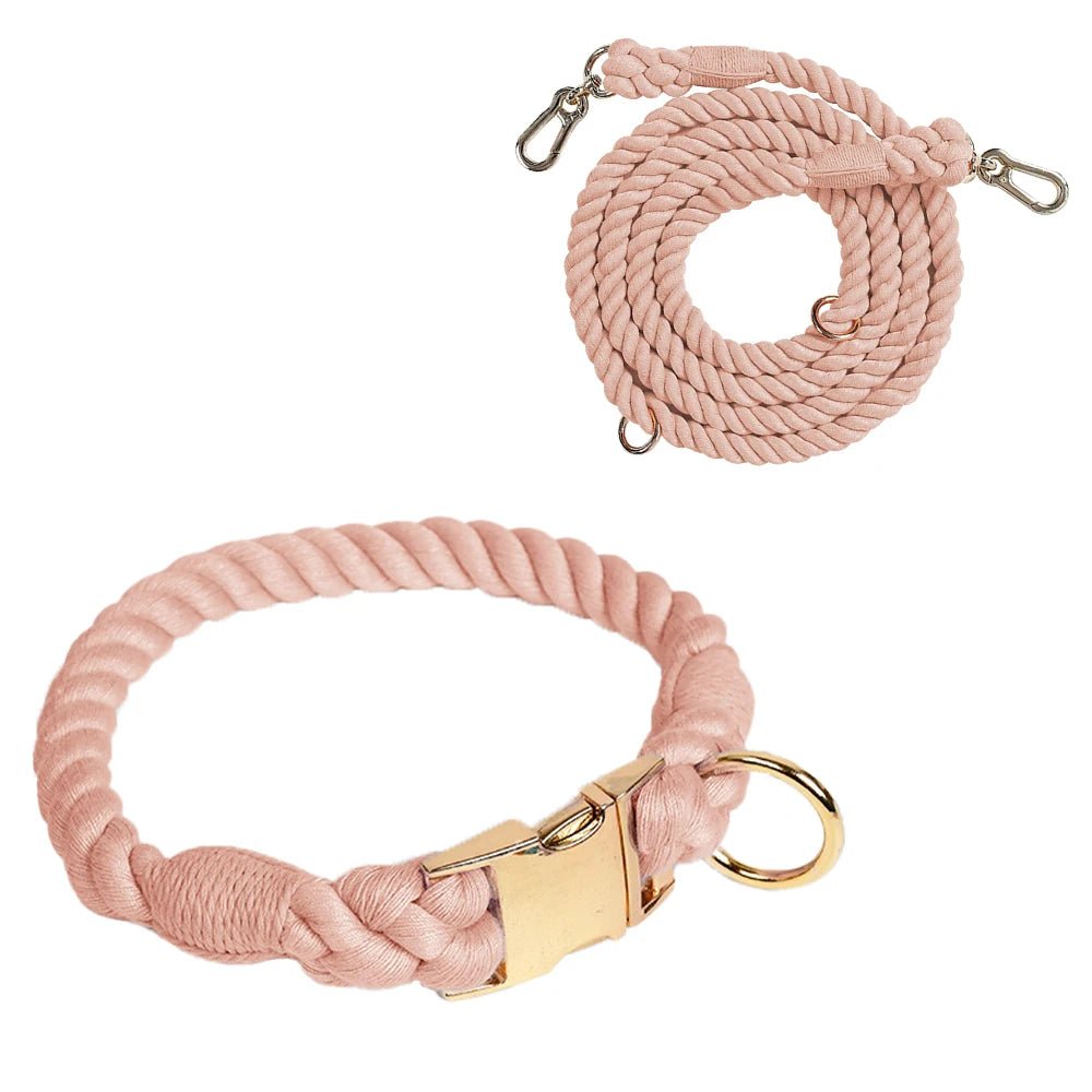 Ensemble collier et laisse en coton torsadé attache rapide Oscar et Plume Rose / S