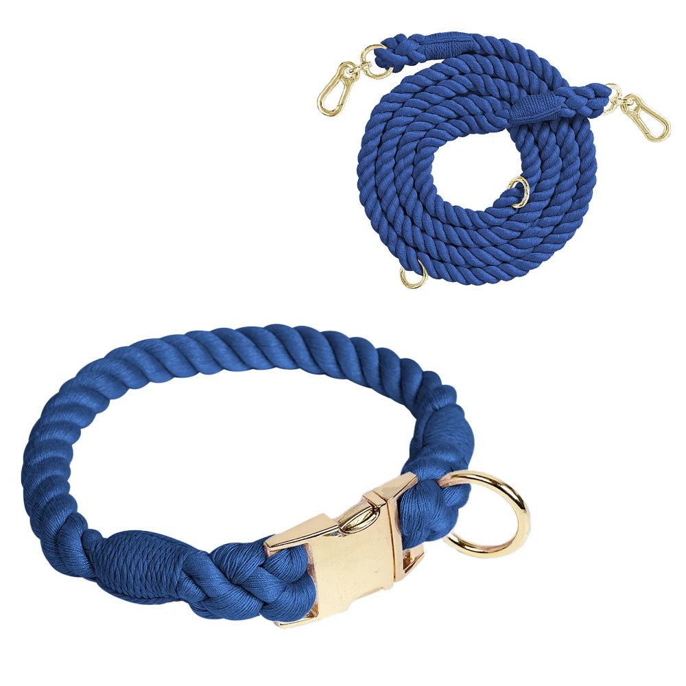 Ensemble collier et laisse en coton torsadé attache rapide Oscar et Plume Bleu marine / S