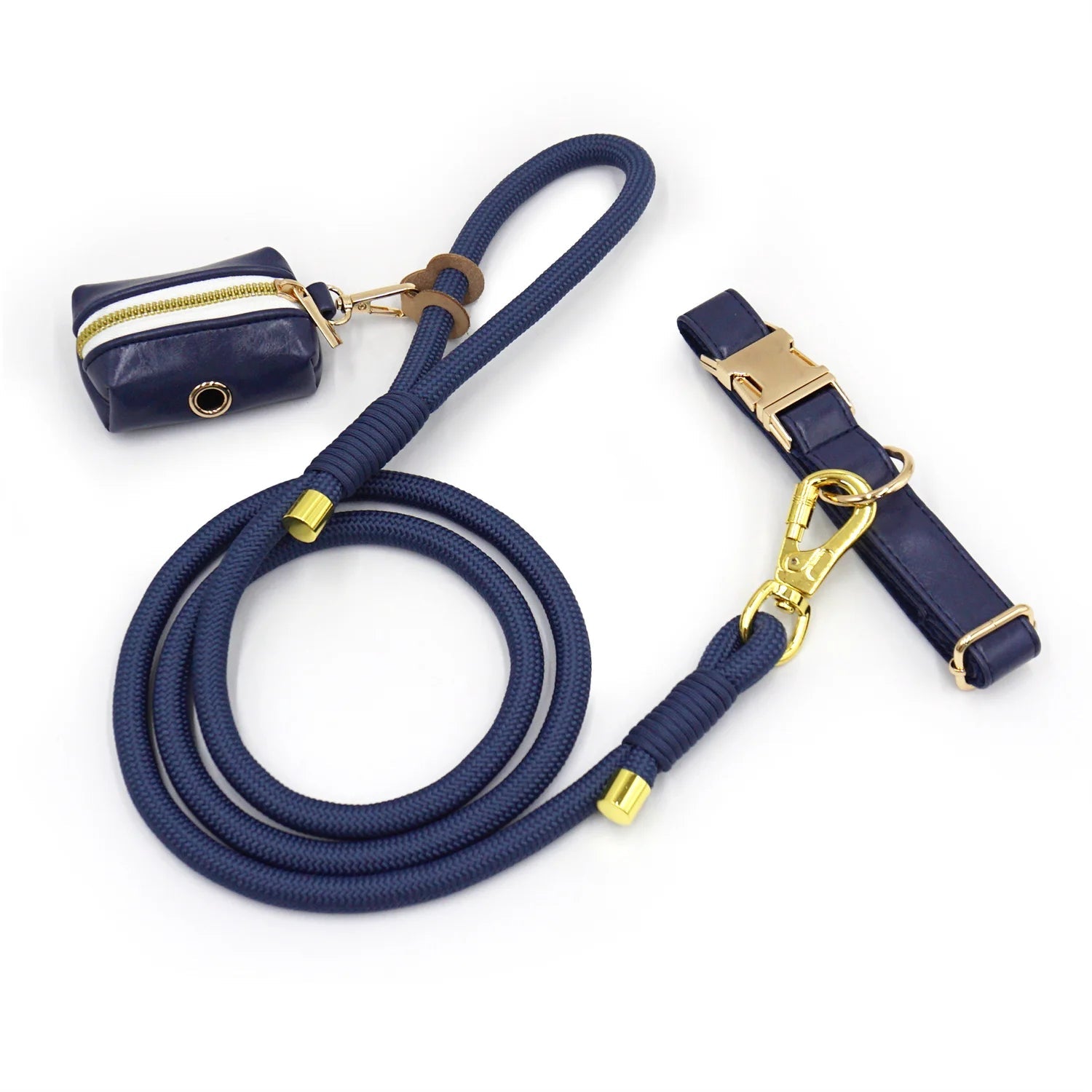 Ensemble collier laisse pour chien en bleu marine avec pochette et fermoir doré élégant