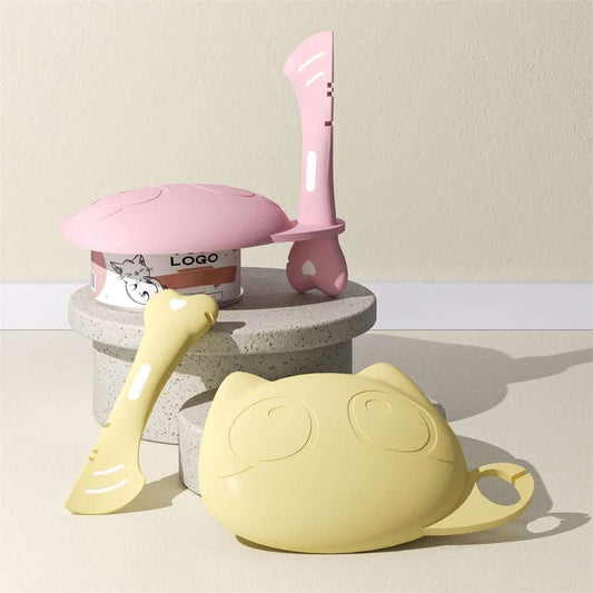 Ensemble couvercle et cuillère pour bébé en silicone rose et jaune avec design mignon