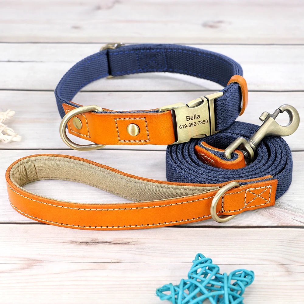 Ensemble de collier et laisse en nylon et cuir personnalisable pour chien Oscar et Plume Collier + laisse bleu marine / S