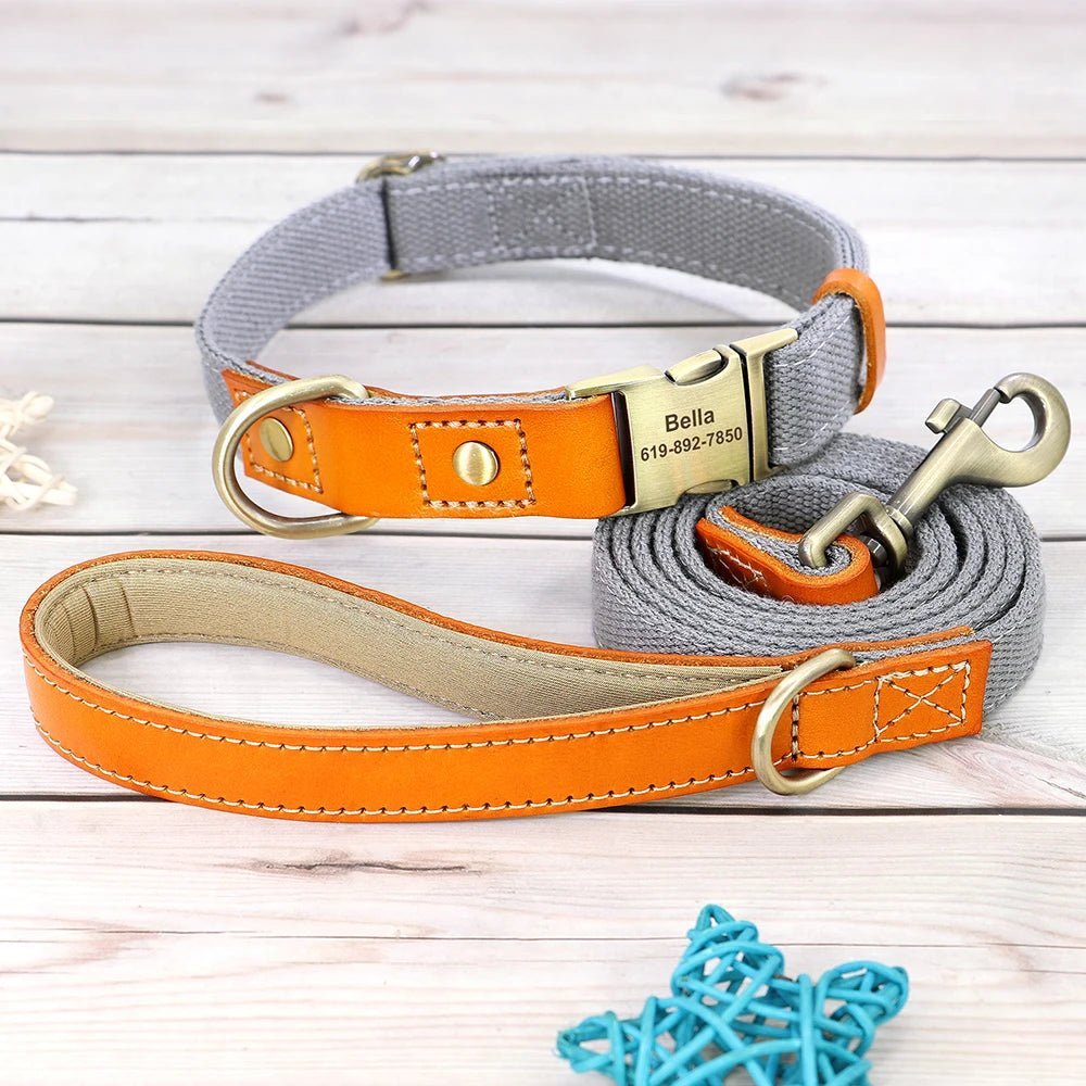 Ensemble de collier et laisse en nylon et cuir personnalisable pour chien Oscar et Plume Collier + laisse grise / S